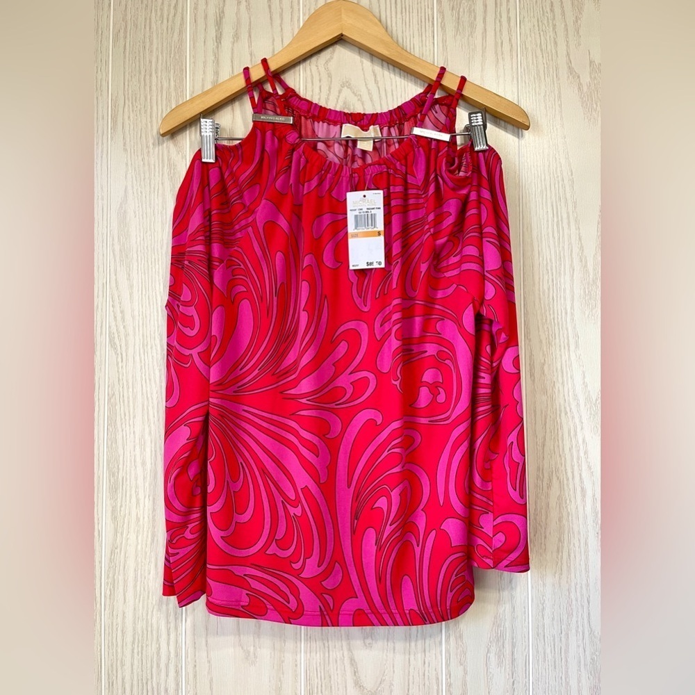 MICHAEL KORS women's Radiant Pink Retro Print Cold Shoulder Blouse Size S NWT